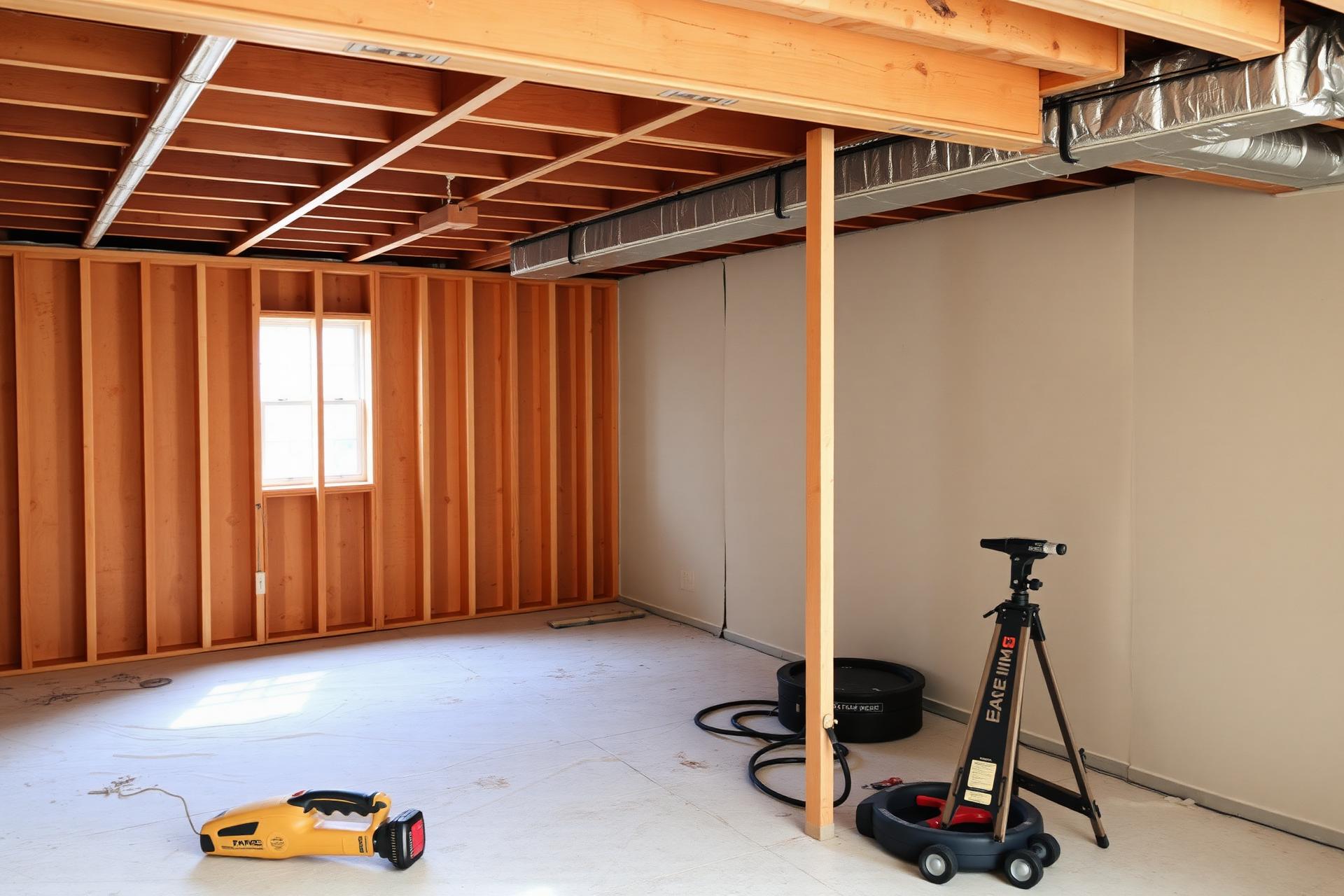 Basement being rebuilt after water damage, new framing and drywall in progress
